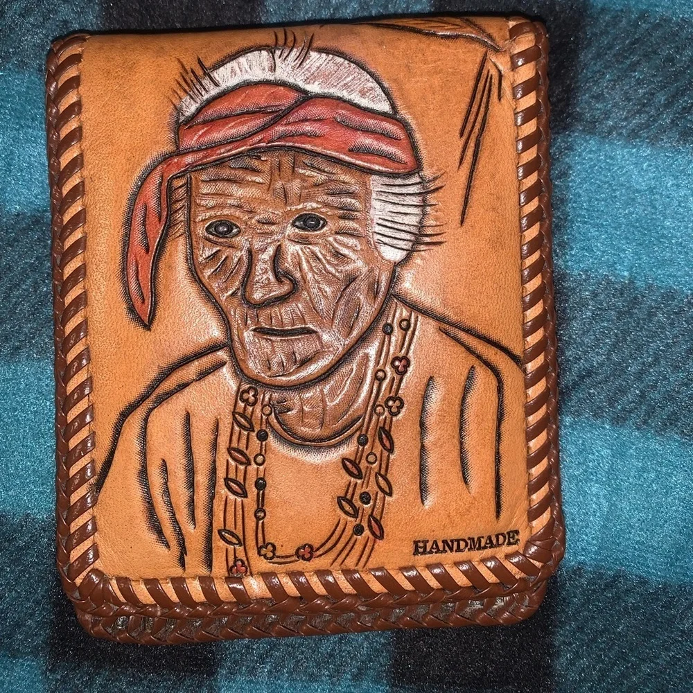 Hand Tooled leather braided Native American wallet with box